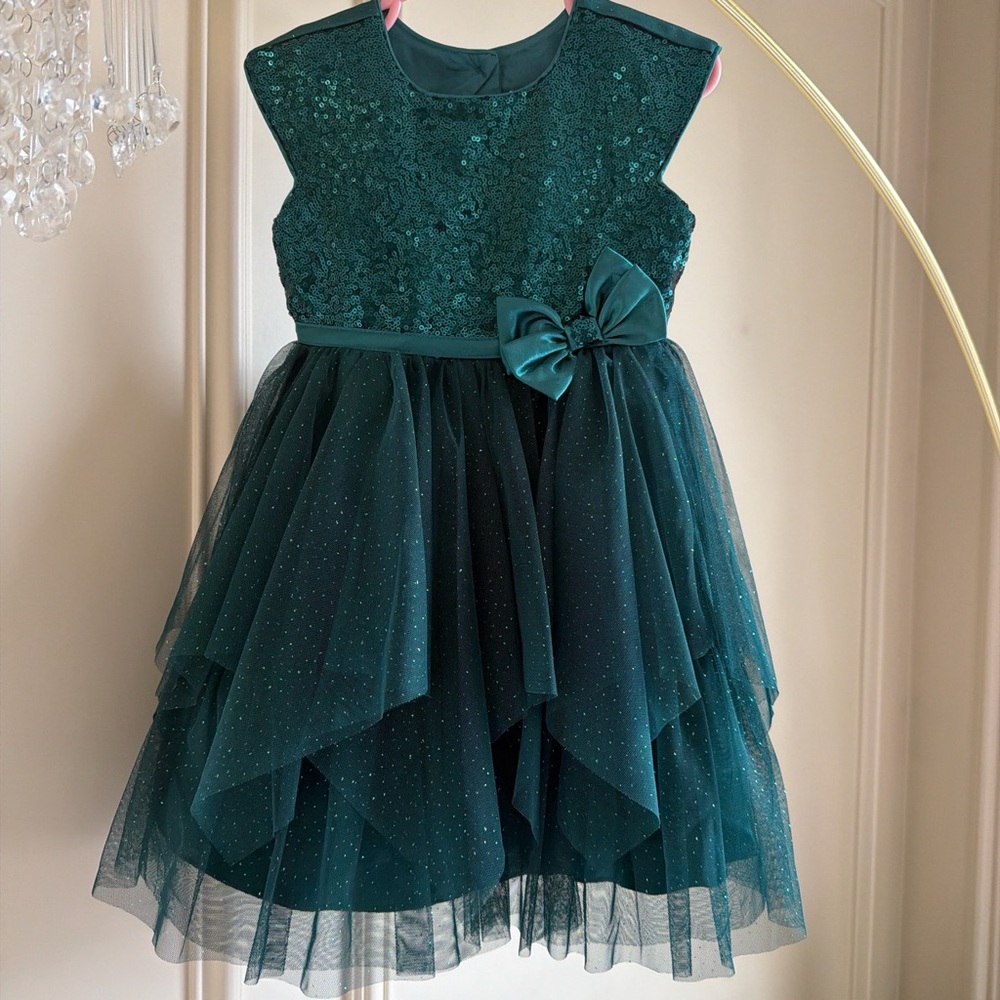 EUC 3t Jona Michelle Emerald Green Sequin Tulle Party Dress with Bow